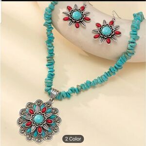 Turquoise and red boho style set necklace